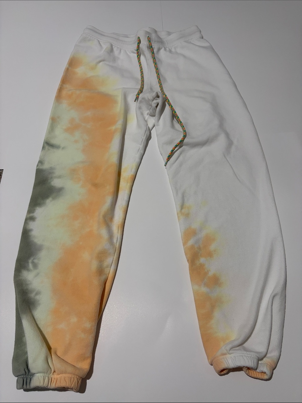 Sundry White Tie-Dye Sweatpants with Orange & Sage Accents Small